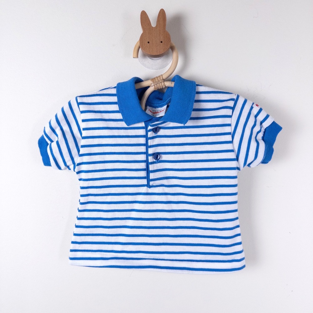 Vintage 90s Health-tex‎ Polo Shirt Kids 12M Blue White Striped Short Sleeve